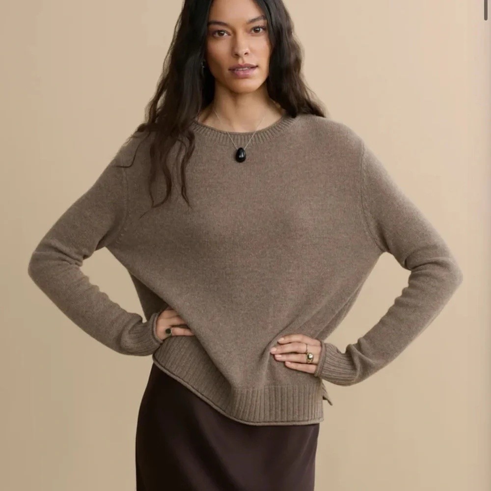 JENNI KAYNE Everyday Sweater Taupe Wool Cashmere Crewneck Quiet Luxury S